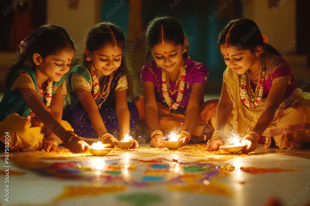 Girls lighting oil lamps during Diwali celebration
Girls lighting oil lamps during Diwali celebration