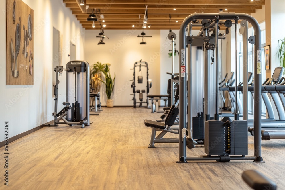 Modern Gym Interior with Weight Machines and Wooden Floor Modern Gym Interior with Weight Machines and Wooden Floor