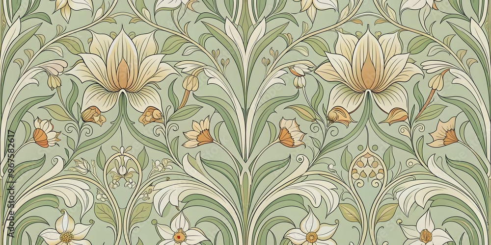 custom made wallpaper toronto digitalSeamless Art Nouveau-inspired floral pattern on pale sage green background, floral, leaves, seamless, blouse, border