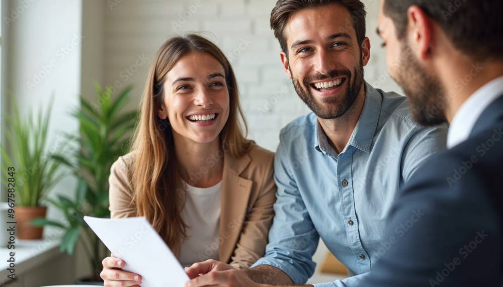 Young happy couple talking with real estate agent and buying a new house, real estate concept Young happy couple talking with real estate agent and buying a new house, real estate concept