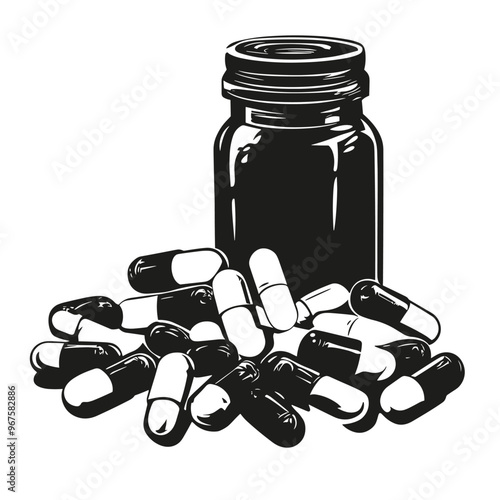 vector silhouette of a bottle with medicine on a white background .Generative AI