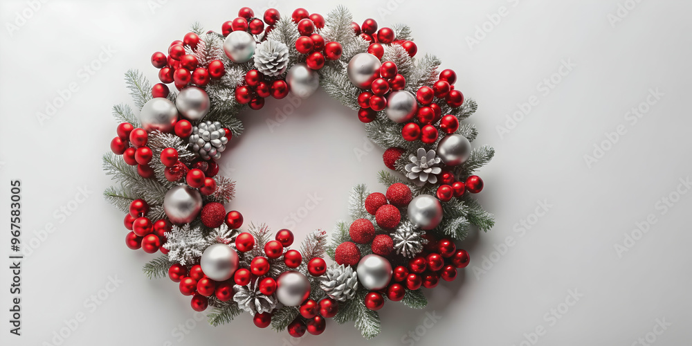 Red and silver modern holiday wreath perfect for adding a contemporary touch to Christmas decor , festive, shiny Red and silver modern holiday wreath perfect for adding a contemporary touch to Christmas decor , festive, shiny
