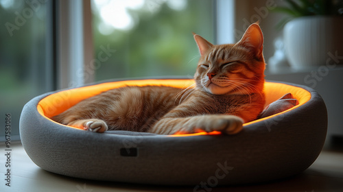 Relaxed Cat in Cozy Bed. A serene ginger cat lounging in a comfortable, glowing bed by the window. Ideal for cozy home decor and cat lovers. photo