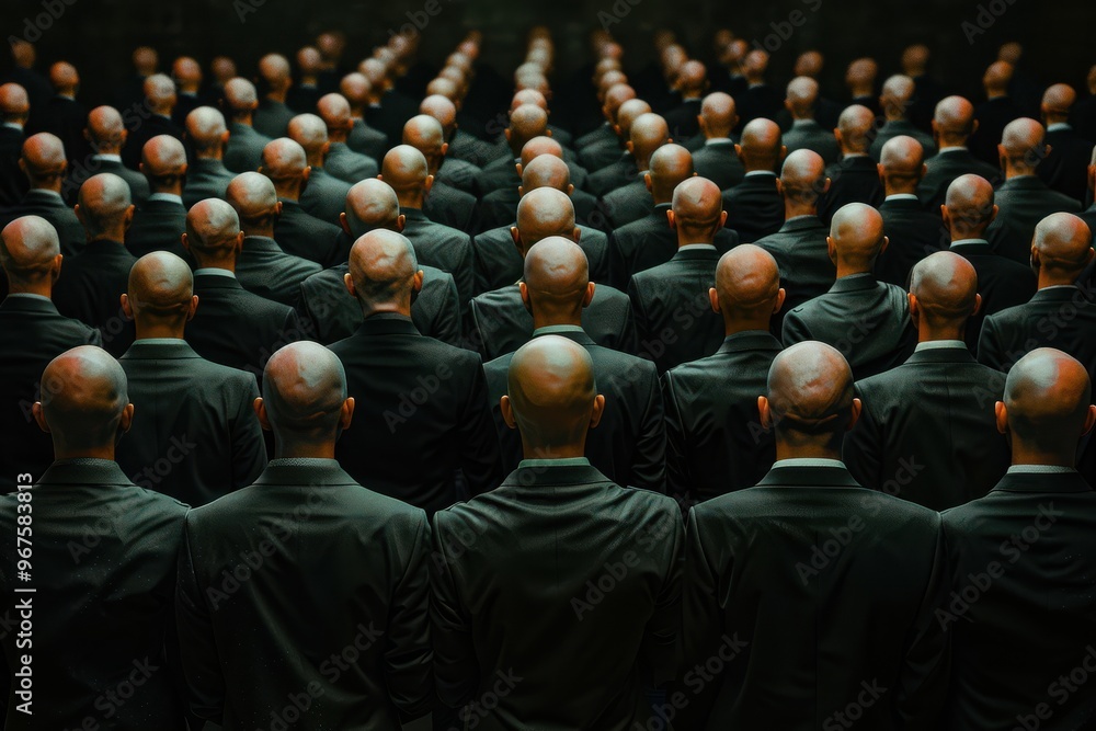 Fototapeta premium Crowd of bald men in suits seen from behind, uniformity in appearance.