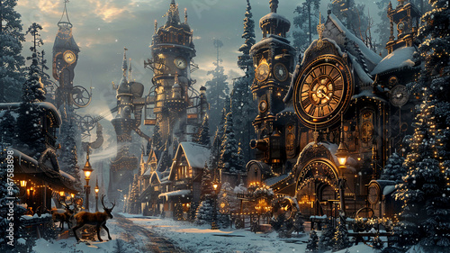 A charming snowy village filled with enchanting towers and cozy homes aglow at twilight