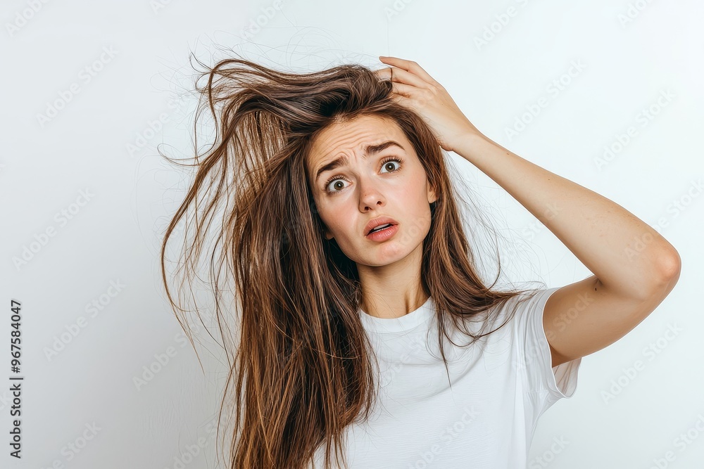 Woman with messy hair holding a comb, studio shot, neutral background, natural beauty, self-care routine, casual look, expressive face, personal grooming, daily life. Woman with messy hair holding a comb, studio shot, neutral background, natural beauty, self-care routine, casual look, expressive face, personal grooming, daily life.