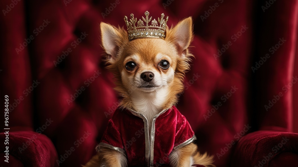 A chihuahua in a royal outfit with a crown is sitting on a red velvet throne A chihuahua in a royal outfit with a crown is sitting on a red velvet throne