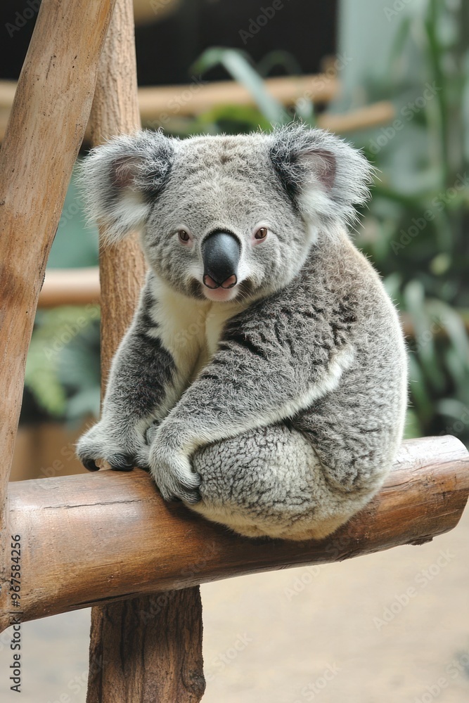 Fototapeta premium A cute koala sitting on a tree branch, looking directly at the camera with a relaxed expression - AI Generated Digital Art.