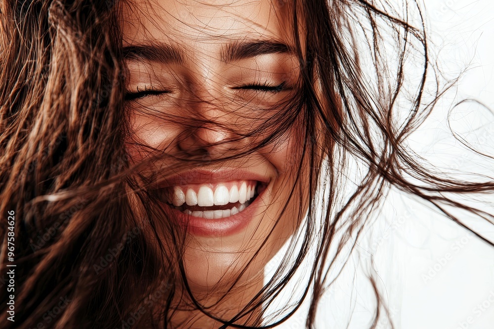 On a white background, a woman smiles with messy hair, displaying natural beauty and spontaneity in a candid photo of herself On a white background, a woman smiles with messy hair, displaying natural beauty and spontaneity in a candid photo of herself