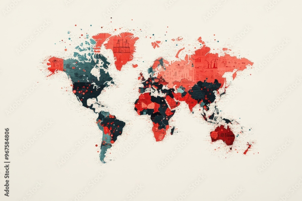 Fototapeta premium An artistic depiction of a world map showcasing trade routes between economies, filled with color splashes. Background is solid, emphasizing interconnectedness, diversity, and cultural exchange.