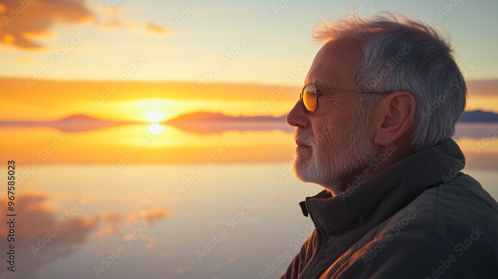 Fototapeta premium ウユニ塩湖で夕日を見つめる熟年男性