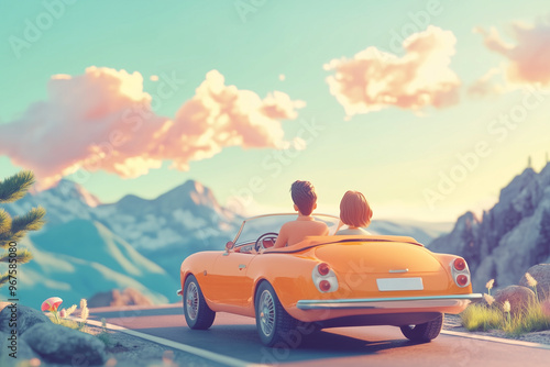 3D cartoon of traveler couple driving a convertible car on the road with a beautiful nature landscape