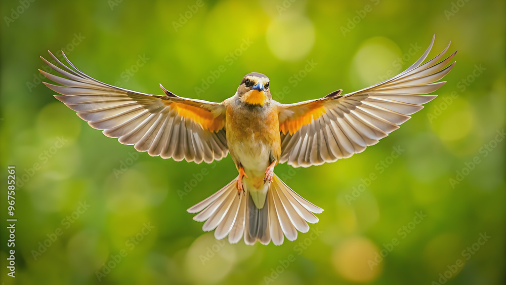 Obraz premium Bird hovering in mid-air with wings spread out, hovering, mid-air, wings, spread out, movement, feathers, flight, animal