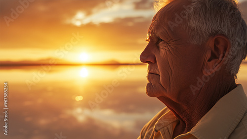 ウユニ塩湖で夕日を見つめる熟年男性 photo