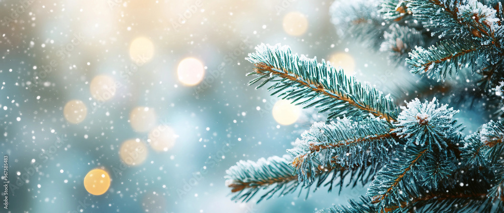Close up of fir branches and christmas tree and snowy warm light blue background with sparkling lights Close up of fir branches and christmas tree and snowy warm light blue background with sparkling lights