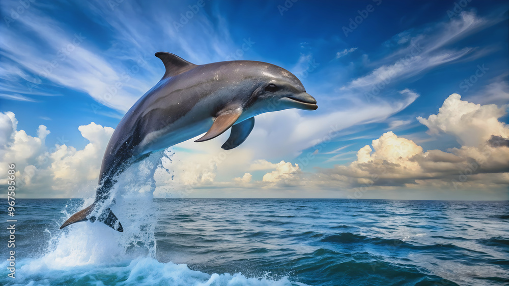 Fototapeta premium Dolphin gracefully leaping out of the water, dolphin, marine life, aquatic animal, jump, playful, nature, wildlife, ocean