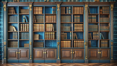 Vintage bookcases in brown and blue with golden accents filled with retro-style books , retro, bookcase, books, brown photo