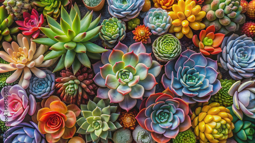 Fototapeta Naklejka Na Ścianę i Meble -  Colorful succulent flowers in various shades and textures, multicolored, succulent, flowers, vibrant, plants, garden