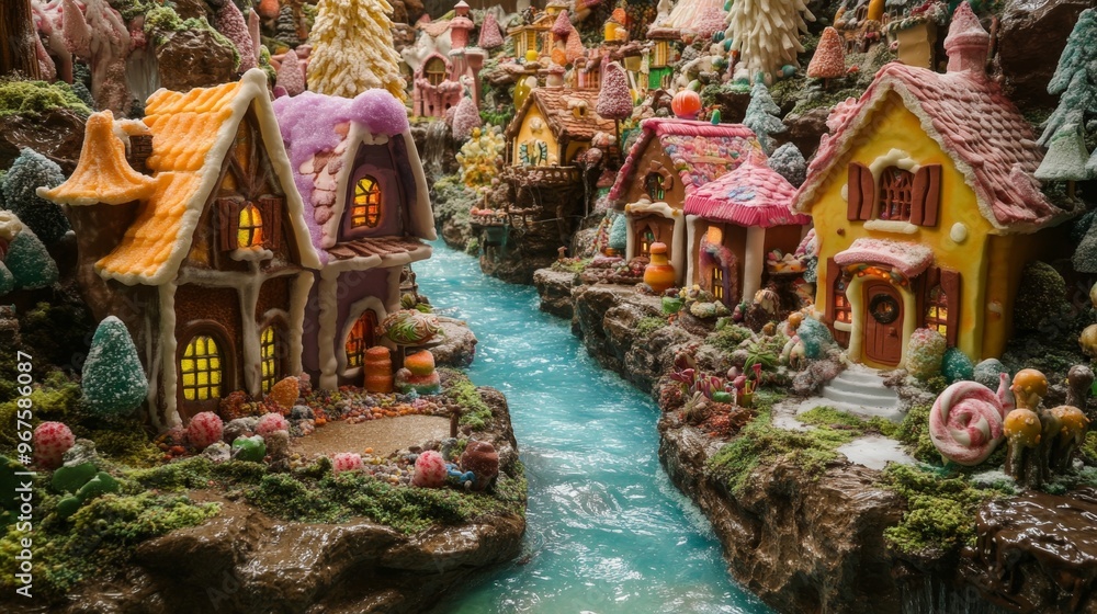 Fantasy Village Miniature with River and Candy Houses Fantasy Village Miniature with River and Candy Houses