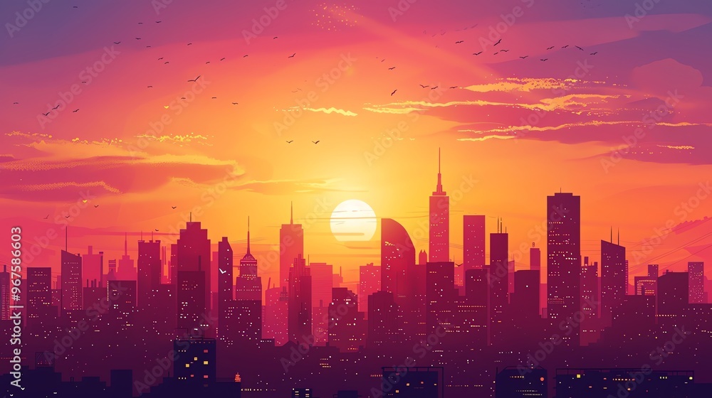 Fototapeta premium A colorful illustration of a city skyline with a sunrise.