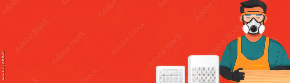 Carpenter with safety goggles and dust mask, working near air purifiers, flat design illustration Carpenter with safety goggles and dust mask, working near air purifiers, flat design illustration