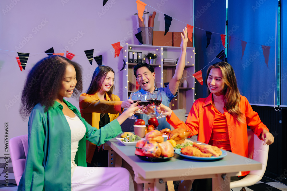 A diverse group of coworkers enjoying a casual office party or home with drinks, food, A diverse group of coworkers enjoying a casual office party or home with drinks, food,