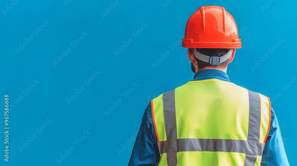 Construction site supervisor in protective vest and helmet, overseeing ventilated work zone, flat design illustration Construction site supervisor in protective vest and helmet, overseeing ventilated work zone, flat design illustration
