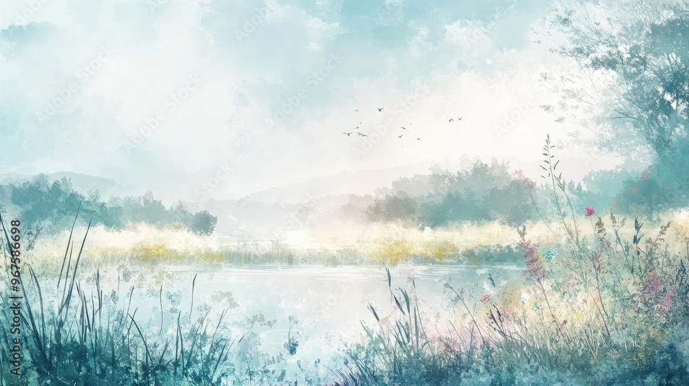 A serene landscape featuring a tranquil lake, soft hues, and gentle brush strokes, evoking peace and natural beauty. A serene landscape featuring a tranquil lake, soft hues, and gentle brush strokes, evoking peace and natural beauty.