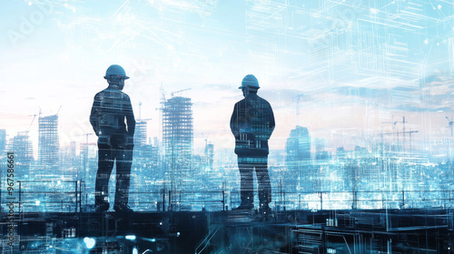 Engineers overseeing futuristic city project, silhouetted against digital skyline, embodying innovation and progress in urban development