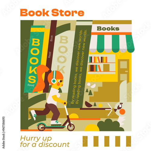 Modern Illustration of a girl rushing to the store for books. Ideal for bookstores and cafes, literary events, festivals and book clubs.
