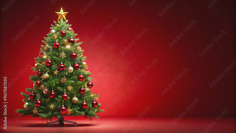 Christmas tree on red background , festive, xmas, winter, holiday, decoration, lights, traditional, celebration, ornament, pine Christmas tree on red background , festive, xmas, winter, holiday, decoration, lights, traditional, celebration, ornament, pine