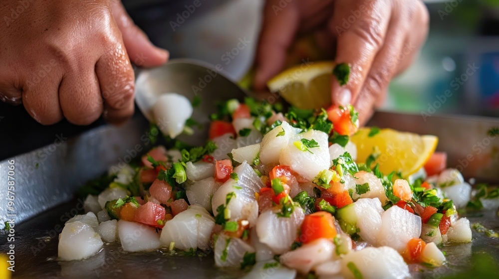 Close-Up of Fresh Seafood Salad Being Prepared Close-Up of Fresh Seafood Salad Being Prepared