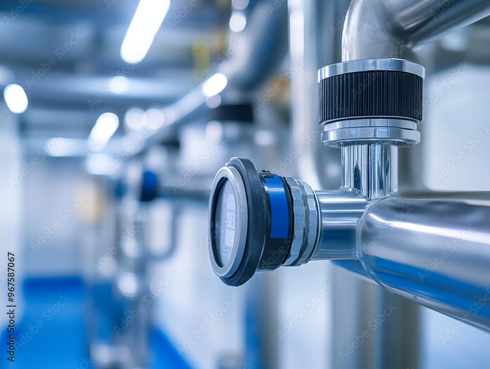 Smart water management sensors are crucial in industrial settings, ensuring efficient monitoring and control of water systems. This image showcases close up of sensor on metallic pipe, highlighting mo Smart water management sensors are crucial in industrial settings, ensuring efficient monitoring and control of water systems. This image showcases close up of sensor on metallic pipe, highlighting mo
