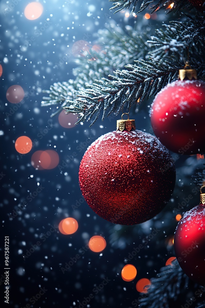 Christmas tree with red ornaments and snowflakes on a dark background, close-up. Christmas card concept. Christmas tree with red ornaments and snowflakes on a dark background, close-up. Christmas card concept.