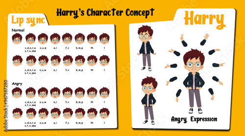 Angry boy cartoon character. Boy face lip sync vector set. A Boy standing and show angry cartoon. Angry lip sync set. Cartoon hand gesture clipart, graphic, illustration.