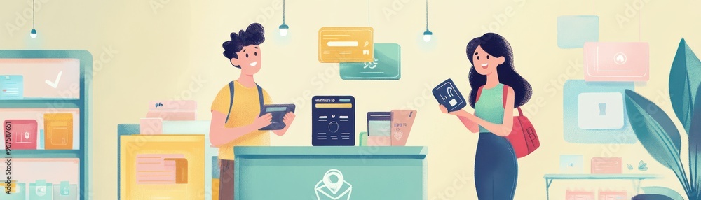 A cheerful retail scene with a customer and store clerk engaging at the checkout, surrounded by colorful products. A cheerful retail scene with a customer and store clerk engaging at the checkout, surrounded by colorful products.