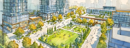 A concept sketch of the city center with modern buildings and green spaces, showcasing sustainable urban development