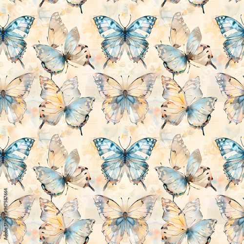 Blue-yelow watercolor butterflies on a light delicate background. Seamless pattern.