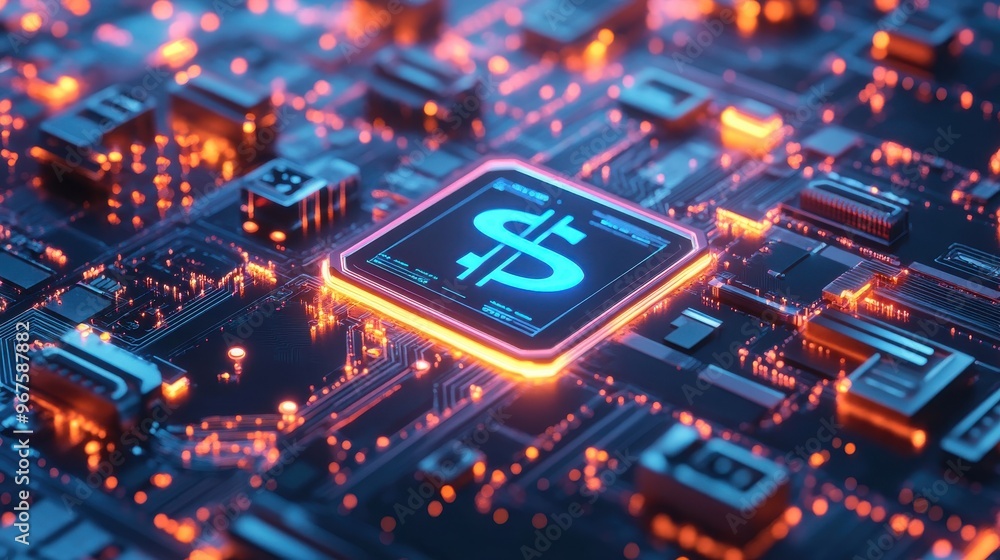 A close-up view of a futuristic circuit board with a glowing dollar sign, symbolizing the intersection of technology and finance. A close-up view of a futuristic circuit board with a glowing dollar sign, symbolizing the intersection of technology and finance.