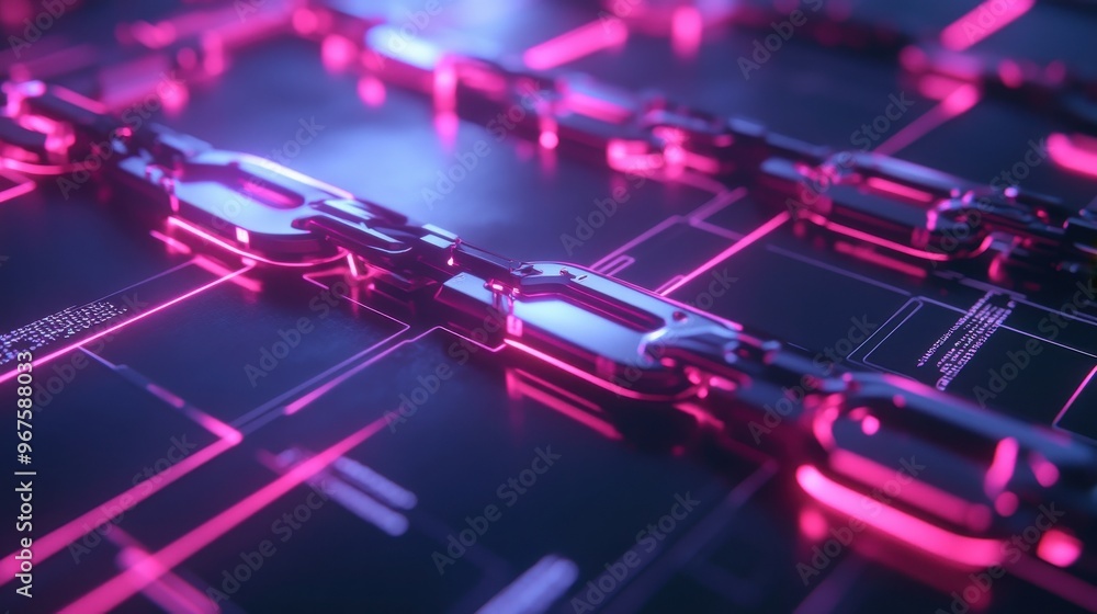 A close-up view of a futuristic, glowing chain on a digital background, symbolizing blockchain technology and data security. A close-up view of a futuristic, glowing chain on a digital background, symbolizing blockchain technology and data security.