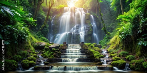 Fototapeta Naklejka Na Ścianę i Meble -  Tropical forest waterfall cascading alongside a staircase in double exposure, lush, tropical, forest, waterfall