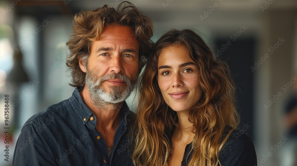 Two people with warm smiles pose together against a neutral background in a cozy, intimate setting. Generative AI Two people with warm smiles pose together against a neutral background in a cozy, intimate setting. Generative AI