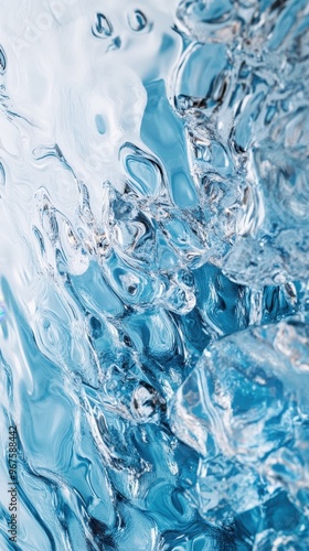 A beautiful melting pattern captures the fluid movement of ice, highlighting its textures and shimmering blue tones