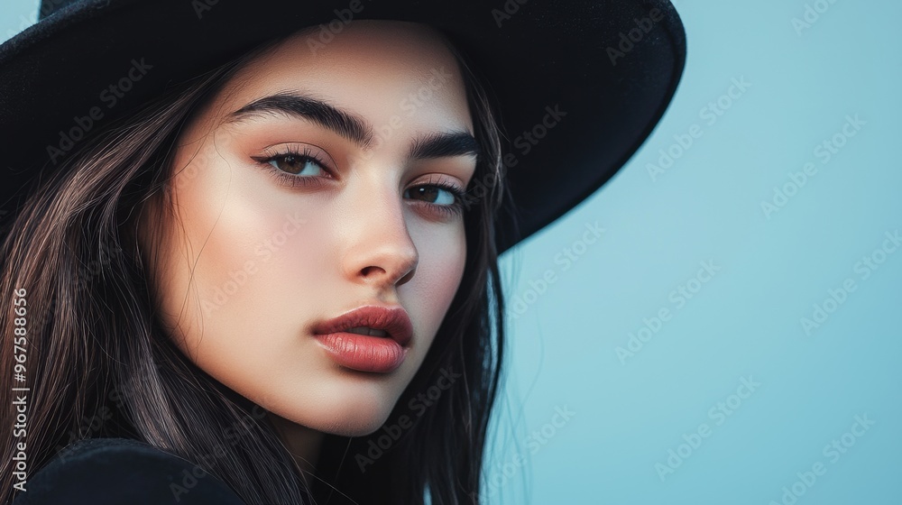Dramatic Portrait of Elegant Brunette Woman in Black Hat Dramatic Portrait of Elegant Brunette Woman in Black Hat