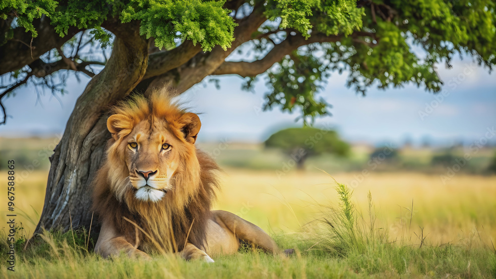 Naklejka premium Lion resting in savanna under the shade of a tree, wildlife, predator, African, safari, mane, majestic, feline, carnivore