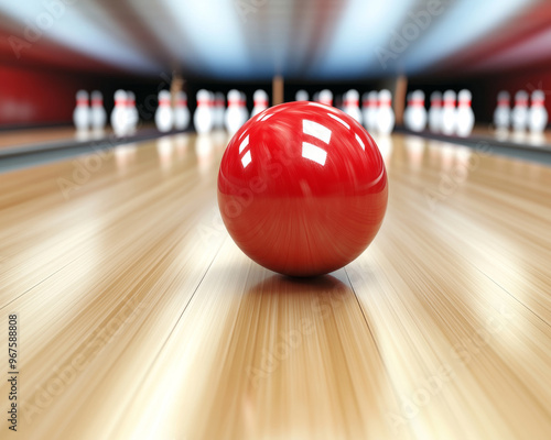 A red bowling ball rolling down lane towards pins.