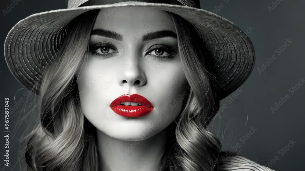 Elegant Woman with Red Lips and Hat in Black and White Portrait Elegant Woman with Red Lips and Hat in Black and White Portrait