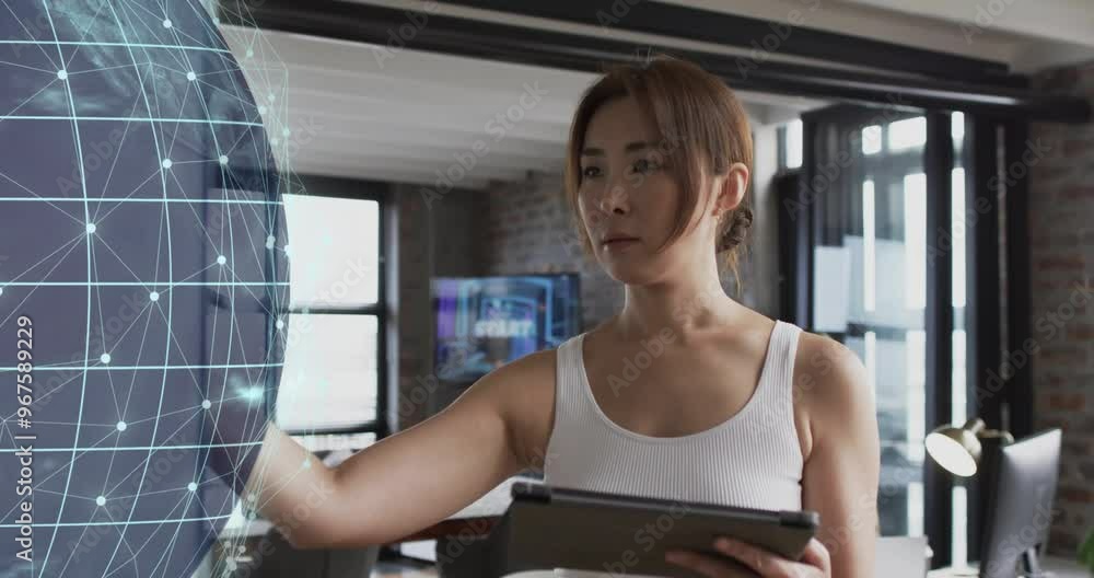 Animation of globe with connections and data processing over asian businesswoman in office Animation of globe with connections and data processing over asian businesswoman in office