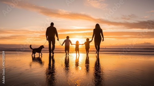 An outdoor family vacation on the beach in summer. A happy couple having a great time together on a tropical beach in the evening. A father, mother, and child enjoying the summer sun together on the