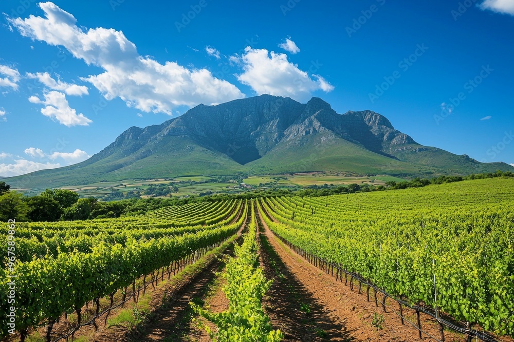 A beautiful vineyards with a mountain in the background during sunrise A beautiful vineyards with a mountain in the background during sunrise